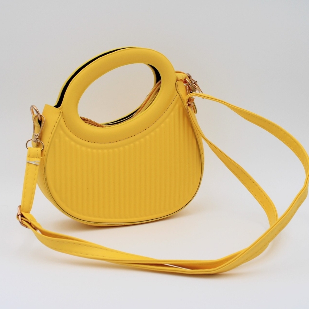 Yellow Ribbed Crescent Crossbody Bag with Detachable Strap